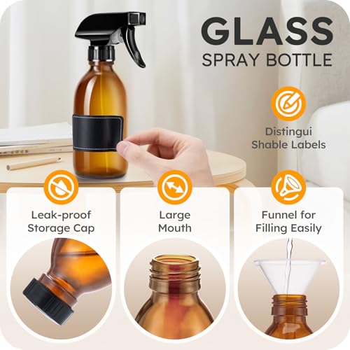 Tecohouse Glass Spray Bottles 8oz, Amber Hair Spray Bottles, 2 Pack Empty Refillable Sprayer Container with Labels, Funnel, Lids, Graduated Pipettes - Handheld Size - color: Amber