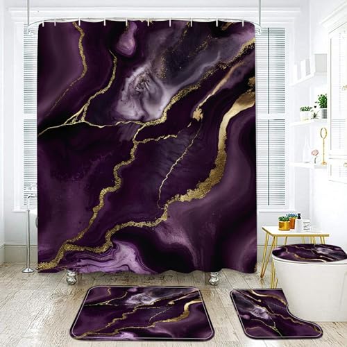 NEWSUYAA Dark Purple Marble Shower Curtain with Bath Rugs Bathroom Sets, 4 Pcs Marble Patterns with Gold Lines Bath Décor Includes Toilet Seat Cover U-Shape Mat Absorbent Carpets, - color: Dark Purple