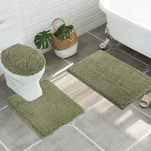 ITSOFT Standard 3pc Non-Slip Shaggy Bathroom Mat Set, Includes 24"x21" Inches U-Shaped Contour Toilet Rug, 34"x21" Inches Bathmat and 1 Toilet Lid Cover, Sage Green - color: Sage Green, size: 24''x21’’, 34’’x21’’ and TLC (Set)
