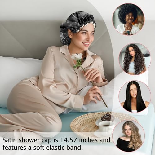 Luxury Shower Cap Satin Silk Lined Adjustable Elastic Reusable Waterproof Shower Bath Cap Cute for Women Girls-Black Bat - color: AK5-Black Bat