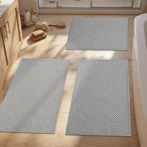 YIHOUSE Thin Bath Mat Light Grey Bathroom Rugs Sets 3 Pieces, Non Slip Absorbent Bath Mats Quick Dry, Woven Braided Rugs Washable, Tapetes para Baño for Bathroom,Bathtub(17"x24"+17"x32"+17"x32") - color: Light Grey, size: 3Pieces(17"x24"+17"x32"+17"x32")
