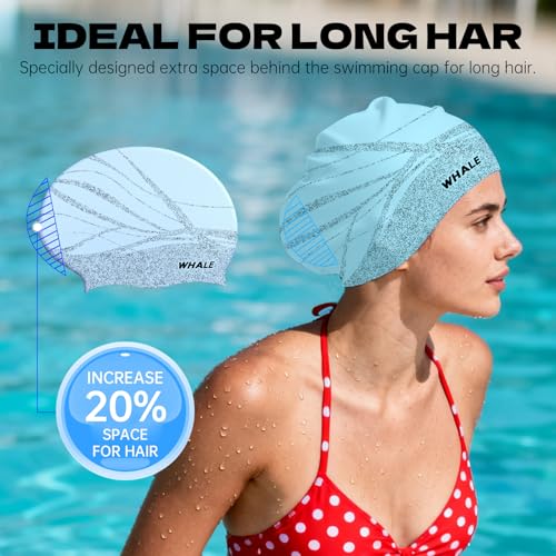 WHALE Extra Large Swim Cap Designed for Men and Women with Thick, Long Hair, Hair Extensions Or Afro-Textured Hair Long-Hair Swim Cap Highly Waterproof to Keep Hair Dry - color: Light blue