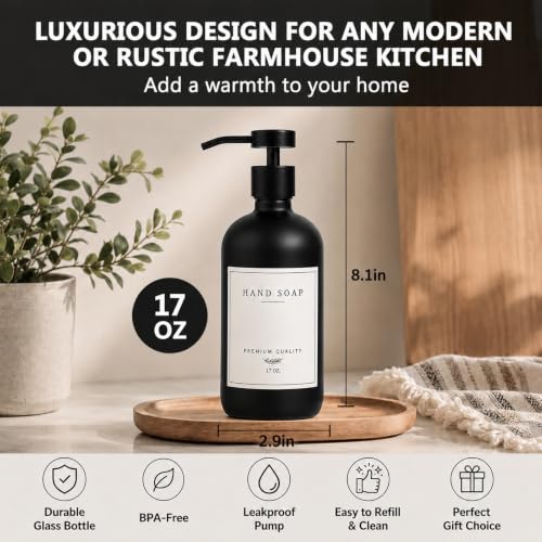 Black Soap Dispenser - Kitchen Hand Dish Soap Dispenser, Glass Bathroom Soap Lotion Dispenser with Tray, Dishwashing Liquid Dispenser, 14 Stickers, Black Bottle/Black Pump-pd - color: Black Bottle/Black Pump + Tray