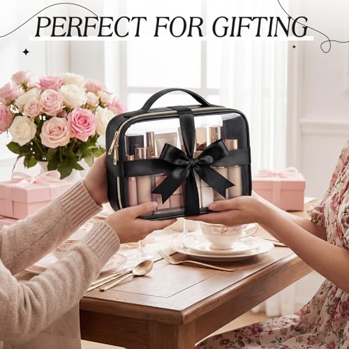 Abbylike 6 Pcs Clear Makeup Bags Bulk 7.9 x 5.9 x 2.4 Inches Quart Size Approved PU Leather Toiletry Bag with Handles Small PVC Clear Travel Cosmetic Case for Women Wedding Bridal Gifts(Black) - color: Black