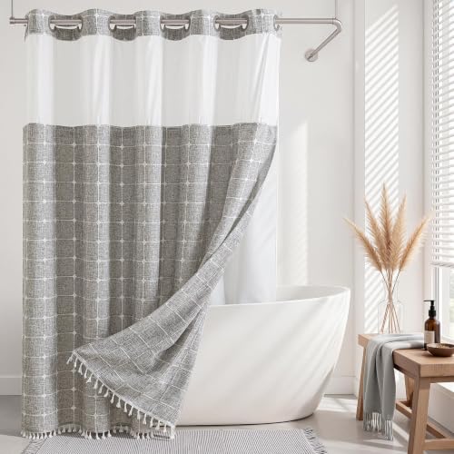 River Dream Farmhouse Khaki Shower Curtain with Snap-in Liner, No Hooks Shower Curtain Set, with Tassels for Bathroom Decor,Shower Curtain and Liner with Sheer Window 71x74 Inch - color: Khaki, size: 71"W x 74"L (Pack of 1)