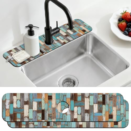 2 Pcs Colored Wood Grain Kitchen Sink Splash Guard Faucet Mat for Sinks Absorbing Drying Mats for Kitchen Bathroom, 23.6x5.5inch - color: Flowers