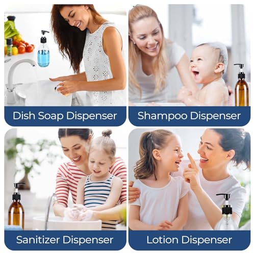 8 oz Glass Pump Bottle, 250ml Small Lotion Dispenser Bottle for Body Massage Oil, Refillable Empty Hand and Dish Soap Dispensers Set with Storage Caps, Labels - Amber & Clear, 2 Pack - color: Clear & Amber
