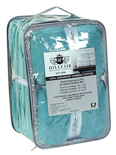 Hillfair 12-Piece Super Soft Cotton Bath Towels - 600 GSM - Hotel Spa Set: 2 Bath, 4 Hand, 6 Washcloths - Absorbent - Aqua - color: Sea Green, size: 12 Piece Towel Set