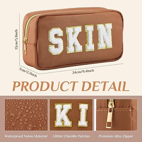 Preppy Makeup Bags Chenille Letter Stuff Bag Nylon Cosmetic Pouch Cases with Zipper for Women Travel Toiletry(Brown Set,Classic,4 Pcs) - color: Brown Set, size: Classic