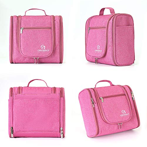 Freegrace Extra Large Hanging Toiletry Bag for Men and Women - Water-Resistant Nylon Travel Bathroom Organizer for Cosmetics, Makeup, and Toiletries - color: Cerise Pink