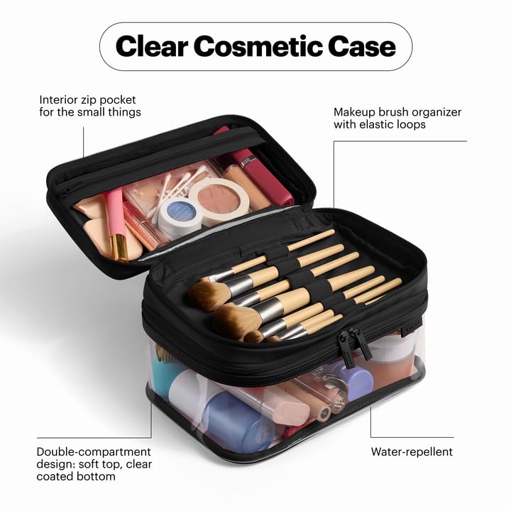 Away Clear Cosmetic Case - Water-Repellent Transparent Cosmetic Bag with 2 Compartments, Brush Holder, Interior Zip Pocket - Jet Black - color: Jet Black