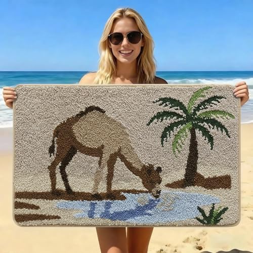 Bathroom Rug Mat, Desert Oasis Sunset Fluffy Rug with Camel & Palm Tree, Ultra Absorbent Microfiber Shaggy Door Mat, Quick Dry Bath Rug Carpet for Toilet Bathtub Bedroom 20x31 Inch - color: Beige