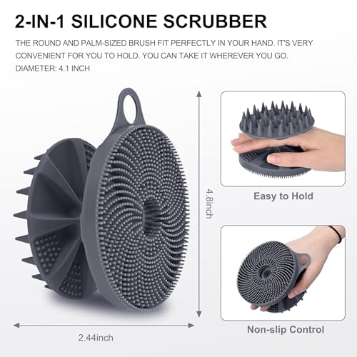 INNERNEED 2in1 Silicone Body Scrubber & Scalp Massager Shampoo Brush, Gray | Food-Grade Soft Material, More Hygienic, Easily Lather, Convenient for Travel, Gym, Business,etc - color: Gray