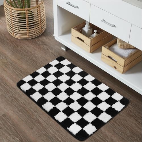 Uphome Bath Mats for Bathroom, Black and White Checkered Machine Washable Bathroom Rug Non Slip, 18x26 Water Absorbent Soft Microfiber Bathroom Mat for Tub, Shower, Floor - size: 18x26 inch