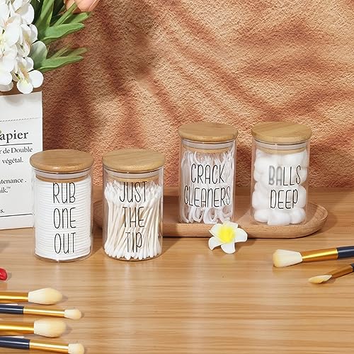 4 Pack Qtip Holder Glass Dispenser with Bamboo Lids for Bathroom Organization, Apothecary Jars for Cotton Ball Holder and Bathroom Canister Storage Great for Cotton Swabs, Balls, Floss, Bathroom Décor