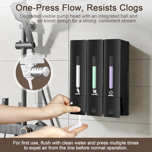 3 Chamber Shampoo and Conditioner Dispenser, No Drill - Wall Mounted Shower Soap Dispenser, Refillable Body Wash Dispenser Set 3, 1200ML Large Capacity, for Bathroom & Hotel, Black - color: Black Set of 3