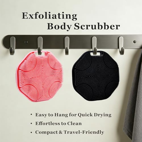 Silicone Body Scrubber 2-Pack, Shower Scrubber with Soft Bristles, Non-Slip Scrubbies for Body, Body Scrubber Exfoliator for Men and Women,Gentle Exfoliating and Lather Well (Black+Pink) - color: Black+pink