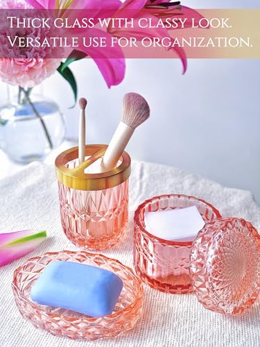 LaMarriti 5pcs Pink Bathroom Accessory Set, Clear Glass Bathroom Set, Soap Dispenser and Toothbrush Holder Set, Soap Dish, Tumbler, Qtips Holder for Crystal Modern Bathroom Decor, Set - style: Pink