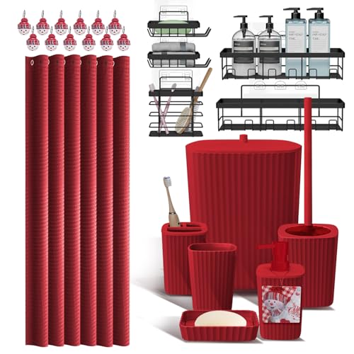 Clara Clark Bathroom Set - Christmas Bathroom Accessories Set, 24PC Bathroom Accessory Set, Christmas Bathroom Sets with Adhesive Corner Shower Caddy Hanging, Toilet Brush, Trash Can & Soap Dispenser - color: Christmas, size: Complete Set + Shower Caddy