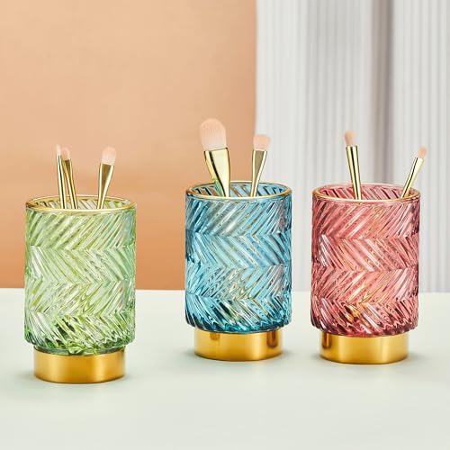 Makeup Brush Holder Organizer,Toothbrush Holders,Desk Pen Pencil Holder,Multifunctional Vintage Glass Brush Cup（A40-3-US） - color: Blue