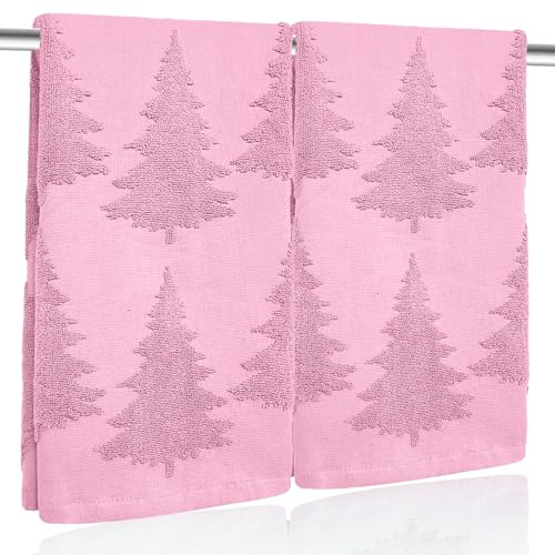 2 Pack Christmas Tree Hand Towels 100% Cotton Jacquard Holiday Kitchen Dish Towels Retro Neutral Pink Bathroom Towels Set Gift Seasonal Xmas Winter Bathroom Decor (Pink Christmas Tree) - color: Pink Christmas Tree