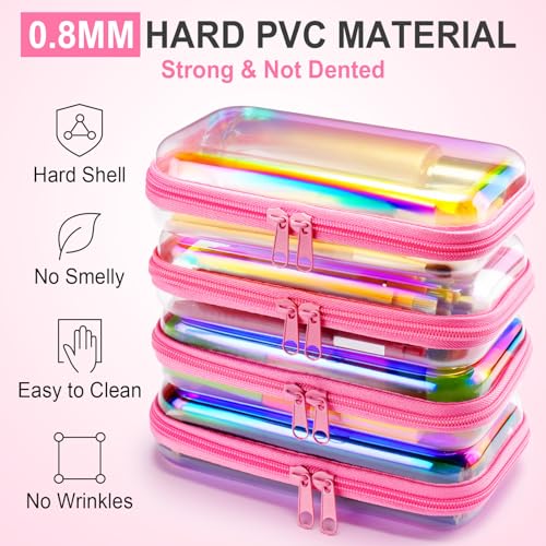 Hoolerry 4 Pcs Hard Clear Zipper Case Makeup Bags Plastic Zipper Pouch Transparent Storage Box Containers for Cosmetics, Snacks, Building Blocks, Puzzles(Clear,7.5 x 3.9 x 2 in,Pink Laser) - color: Pink Laser, size: 7.5 x 3.9 x 2 in