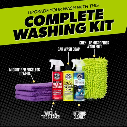 Chemical Guys Car Cleaning Kit - with Car Wash Soap, Wheel Cleaner, Total Interior, Car Wash Mitt - Interior and Exterior Wash Kit with Vehicle Cleaning and Detailing Accessories - 7 Item Kit - style: KIT