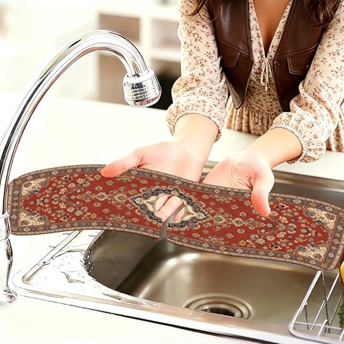 2 Pcs Kitchen Sink Splash Guard Faucet Mat Retro Red Bohemian Pattern Faucet Mat for Sinks Flower Absorbing Drying Mats for Kitchen Bathroom - color: Red Bohemian Pattern