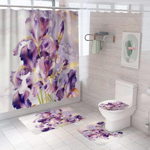 4 Pcs Lavender Watercolor Irises Shower Curtain Sets with Rugs | Purple Botanical Floral Bathroom Set Spring Summer Home Bath Bathtub Decor Durable Curtains Mats for Bathroom 72 In