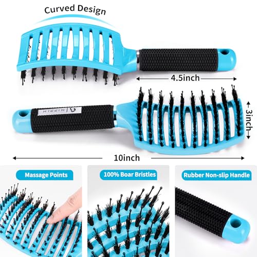 Boar Bristle Hair Brush Set of 2, HIPPIH Wet & Dry Hair Brushes Made by Fine Natural Boar Hair Can Adds Shine and Smoothing, Detangling Hairbrush for Women, Men & Kids' Long Curly Thick Hair - color: Mint Blue & Pink