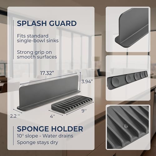 Silicone Sink Splash Guard 17.3" with Suction Cups - For Sink Area - Keep Counters Dry & Protect Clothes from Water Splashes for Kitchen, Bathroom, Laundry