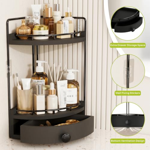 2-Tier Corner Bathroom Counter Organizer with Drawer & Embedded Screw Holes - Wooden Countertop Organizers for Skincare, Makeup Storage, Bathroom Sink Counter Shelf for Vanity, Kitchen, Black - color: Black