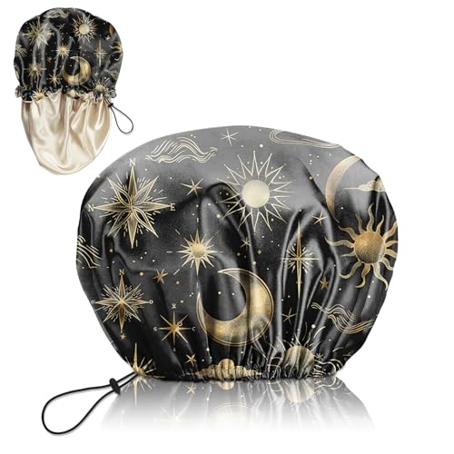 Luxury Shower Cap Silk Satin Lined Waterproof Reusable Adjustable Elastic Dry Hair Bathing Caps Cute for Women Girls-Sun Moon - color: C-10-Sun Moon