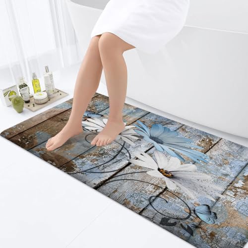 Farmhouse Floral Flower Bath Mat, Daisy Rustic Wooden Plank Country Barn Wood Blue Flower Non-Slip Flannel Soft Doormat Floor Entryways Outdoor Indoor Front Door Mat, (16X48) - color: Blue-01, size: 1'4" x 4' (Rectangular)
