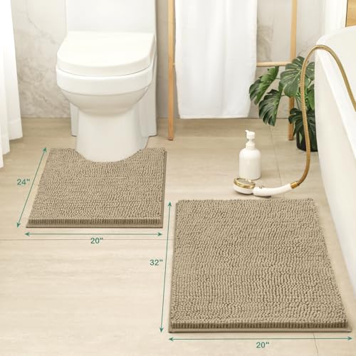 HOMEIDEAS Bathroom Rugs Set 2 Pieces, Ultra Soft Non Slip Absorbent Chenille Toilet Bath Mat Set (Taupe) - color: Brown-taupe, size: 1'8" x 2'8" (U Shape 20"x24"+20"x32")