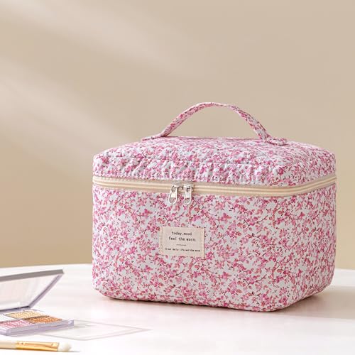 HBselect Quilted Makeup Bag, 3PCS Cotton Large Travel Makeup Bag, Cute Floral Coquette Make up Bag Cosmetic Bag Toiletry Bag for Women Girls - color: A-3PCS-Floral 20