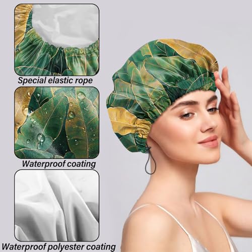 2 PCS Shower Cap Reusable Waterproof Double Layers Hair Caps Shower Bath Adjustable Elastic Hat for Women Girls Cute Aesthetic-Flower Leaf - color: AI6-Flower Leaf