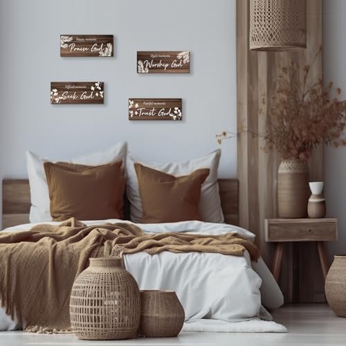 ONIZHITY 4 Pieces Brown Bathroom Decor Farmhouse Bathroom Accessories Rustic Religious Art Bible Verse Wooden Signs with Vintage Country Decor for Home Laundry Room (Brown, 10x4 Inch) - color: Brown