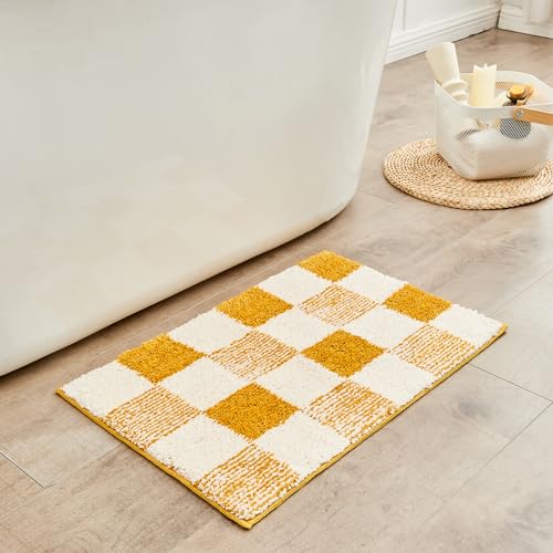 CozeCube Bath mats for Bathroom Non Slip, Fluffy Absorbent Microfiber Bath mat Washable, Aesthetic Bathroom Rugs, Cute Harvest Gold Checkered Bath mat, Harvest Gold, 32" x 20" - color: Checkered-harvest Gold, size: 2'8" x 1'8" (Rectangular)