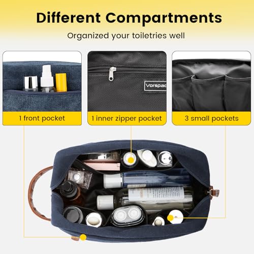 Vorspack Toiletry Bag Hanging Dopp Kit for Men Water Resistant Canvas Shaving Bag with Large Capacity for Travel - Navy Blue - color: Navy Blue, size: Medium