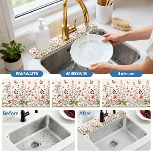 2 Pcs Kitchen Sink Splash Guard Faucet Mat Retro Wildflower Bush and Butterflies Pattern Faucet Mat for Sinks Flower Absorbing Drying Mats for Kitchen Bathroom - color: Wildflower Bush