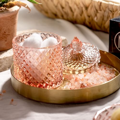 EMPO 5Pcs Diamond Glass Bathroom Accessories Complete Set, Triangle Vintage Lotion Dispenser, Soap Dish, Toothbrush Holder, Tumbler, Cotton Swab Jars, Modern Decor, Housewarming Gift Set (Fresh Pink) - style: Diamond Fresh Pink Set