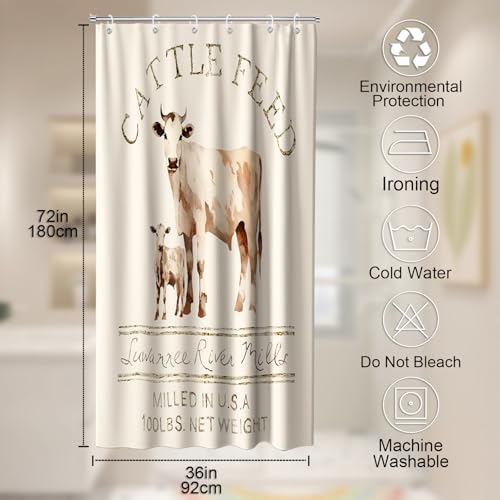 Farmhouse Abstract Animal Cattle Feed Cow Rustic Fabric Shower Curtain Sets Bathroom Decor with Grommets and Hooks - 36 W x 72 H Inch Ivory White - size: 36"W x 72"L (Pack of 1)