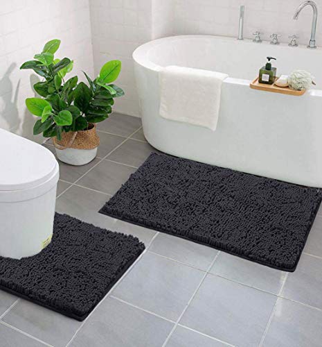 LuxUrux Bathroom Rug Set 2 Piece, Soft Absorbent Cheinlle Microfiber Bath Mat with Contour Toilet Rug, Non-Slip, Machine Wash Dry, Plush Shaggy Mats for Bathroom (20"x 30"+20"x 20" U-Shaped Charcoal) - color: Charcoal, size: 2 Piece Set