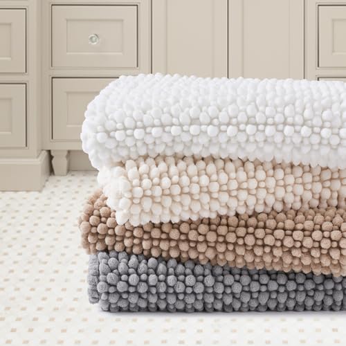 FRESHMINT Chenille Bath Rugs Set - 2 Piece (17"x24" + 20"x32"), Non-Slip Bath Mats, Absorbent, Washable, Cream White - color: Cream, size: 24"x17"+32"x20"