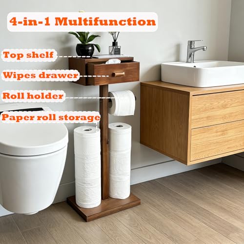 Freestanding Bathroom Toilet Paper Holder Stand with Shelf, Bamboo Toilet Paper Roll Holder with Wet Wipes Storage Drawer(Brown) - color: Brown