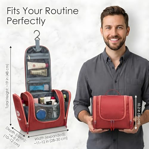 Bago Travel Toiletry Bag for Women and Men - Large Waterproof Hanging Large Toiletry Bag for Bathroom and Travel Bag for Toiletries Organizer - Makeup Bag (Red) - color: Red, size: Large