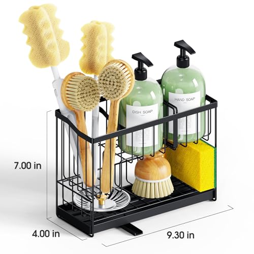 Kitchen Sink Caddy, 2-Tier Self-Draining Sponge & Dish Brush Holder, Rustproof 304 Stainless Steel Space-Saving Organizer with Drying Tray, Black