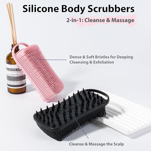MtBoi 2 PC Silicone Body Scrubber, 2 in 1 Exfoliating Shower Bath Scrubber, Soft Silicone Loofah for Sensitive Skin, Shower Hair Scalp Massager, Easy to Clean, Lather Well (Black&Pink) - color: Black&pink