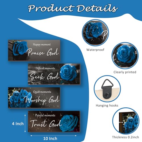 ONIZHITY 4 Pcs Blue Bathroom Decor Religious Wall Art Bible Verse Inspirational Navy Blue Rose Wall Decor Rustic Wooden Christian Sign for Home Bathroom Office Bedroom Living Room Kitchen(Blue 10x4) - color: Blue Rose